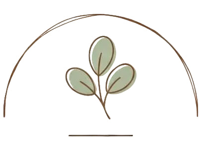 A minimalist logo featuring three light green leaves enclosed in a brown arch, centered on a textured cream background.